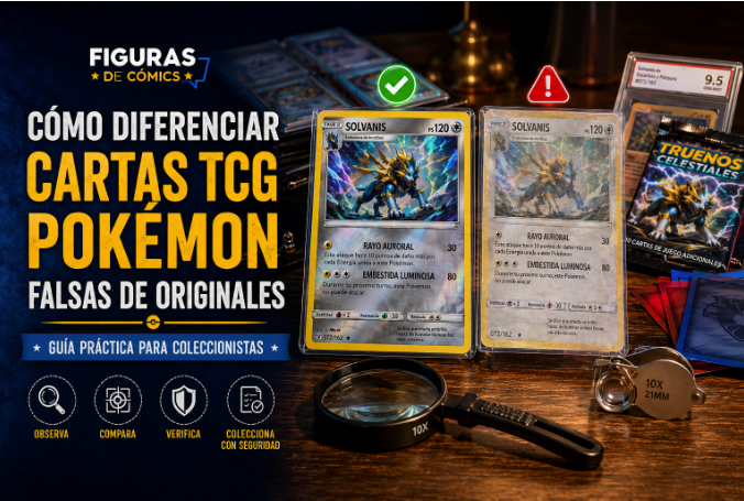 Comparativa de una carta Pokémon TCG original y una falsificación, con lupa y cuentahílos