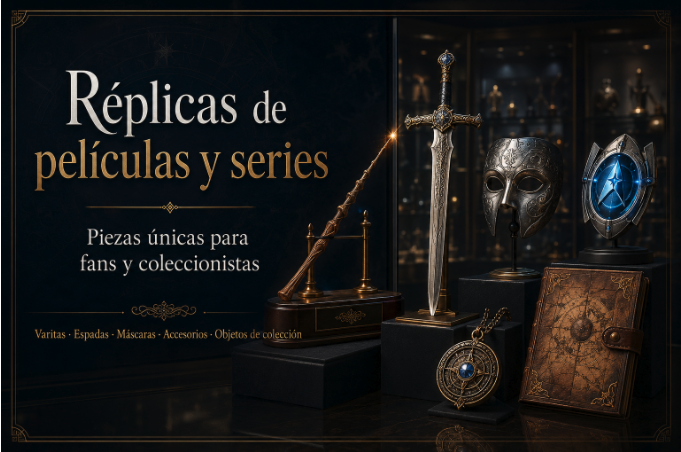 Réplicas de colección: varita, espada, máscara, medallón y diario expuestos en vitrina