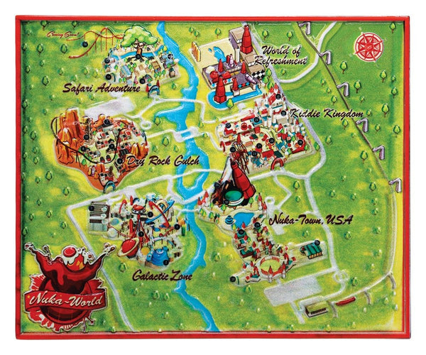 Réplique de carte en métal Fallout Nuka-World édition limitée 16 x 13 cm